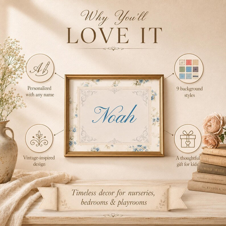 Personalized vintage name artwork features with nine background styles for nursery and kids room decor