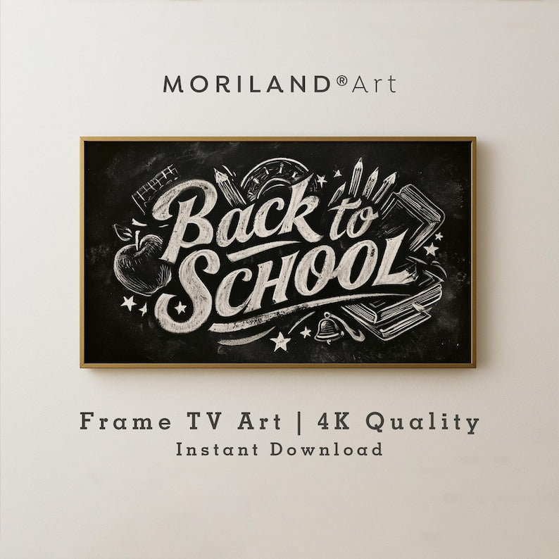 Back to School chalkboard typography Frame TV art with books pencils and apple
