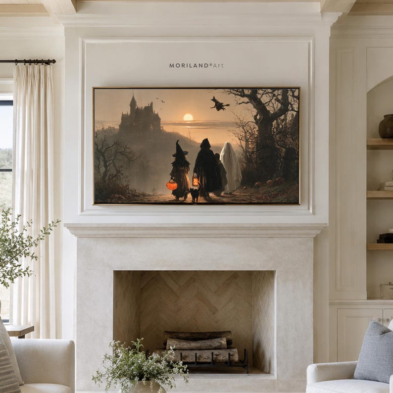 Halloween Frame TV artwork displayed above fireplace – vintage trick-or-treat scene