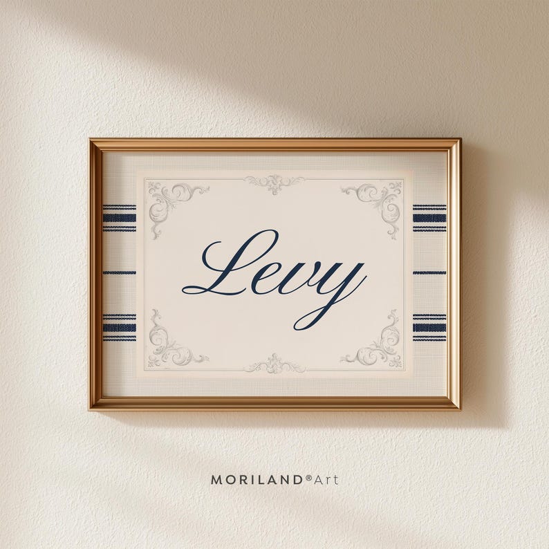 Blue stripes personalized name print with Levy in navy script and vintage ornamental border