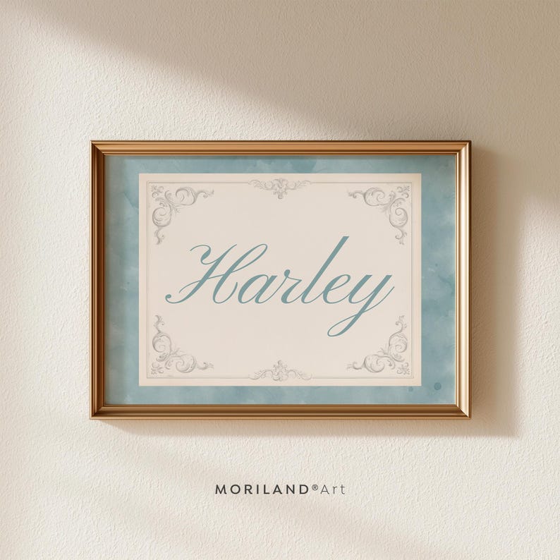 Pale blue watercolor personalized name print with Harley in soft blue script and vintage ornamental border
