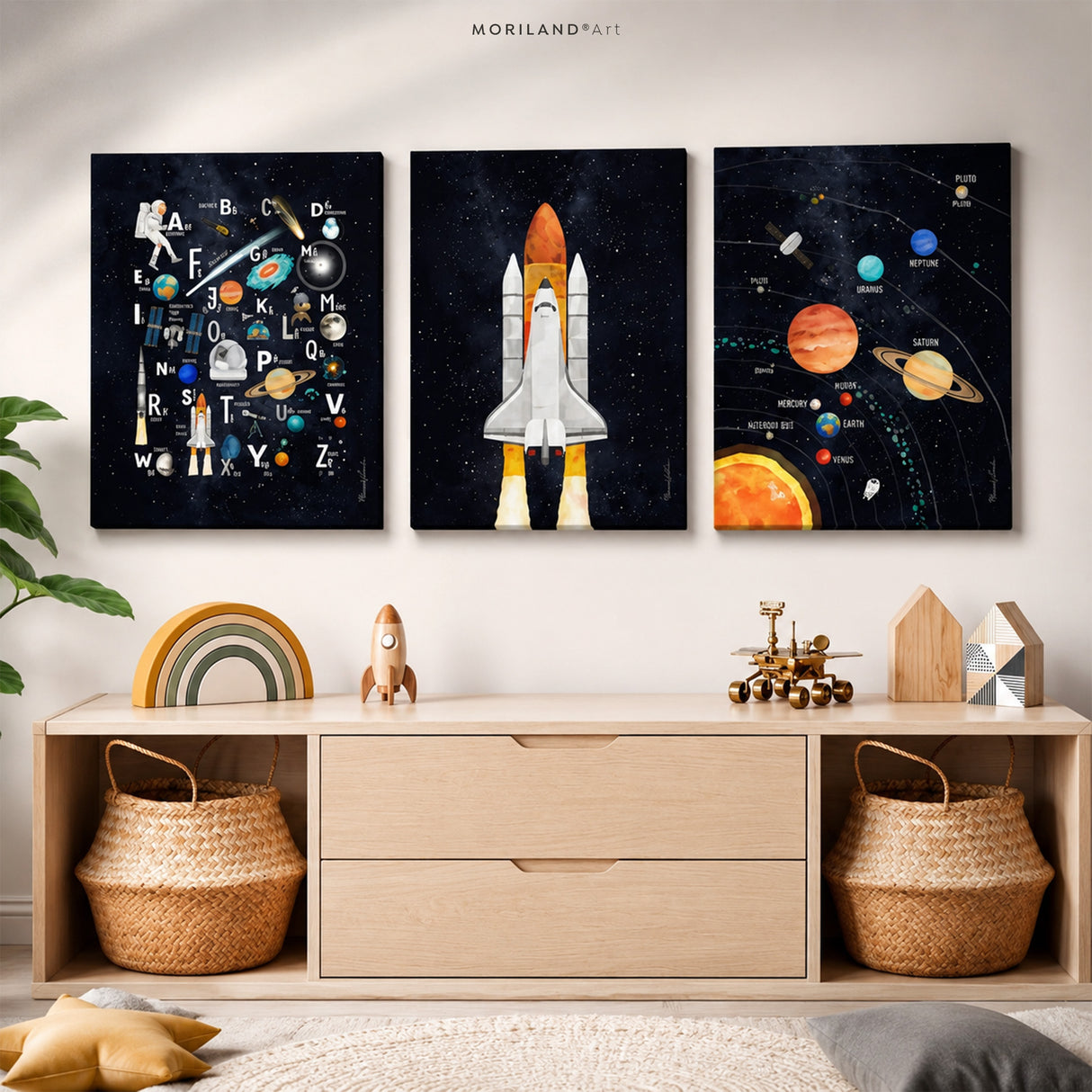Space nursery wall art set of 3 featuring a rocket, solar system and space alphabet displayed above a modern Scandinavian wooden dresser in a children's bedroom.