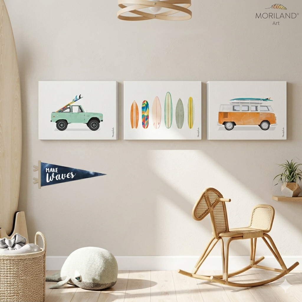 Coastal surf nursery wall art set of 3 canvas prints featuring a mint vintage truck, colorful surfboards, and an orange VW camper van in a modern beach-themed boys' room.