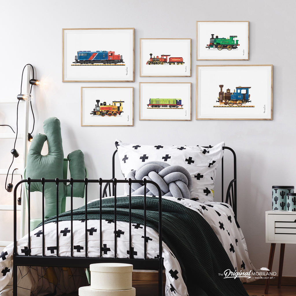 watercolor train locomotive wall art prints for boy room decor - by MORILAND