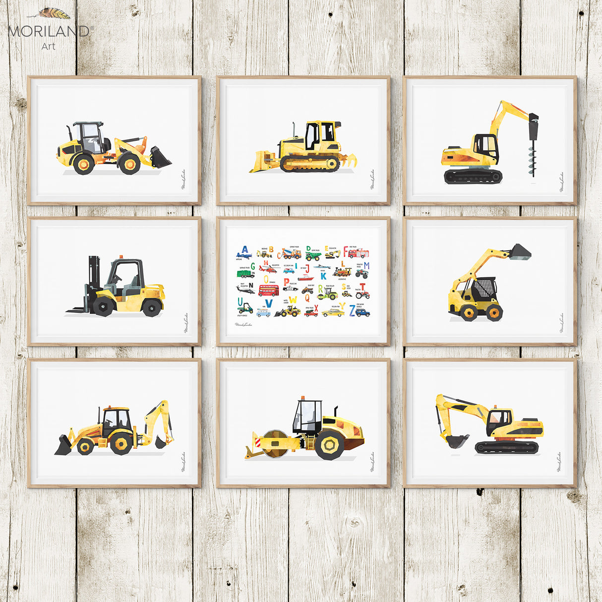 Construction vehicles, digger, and transportation Alphabet watercolor art prints printable for boy room decor by MORILAND