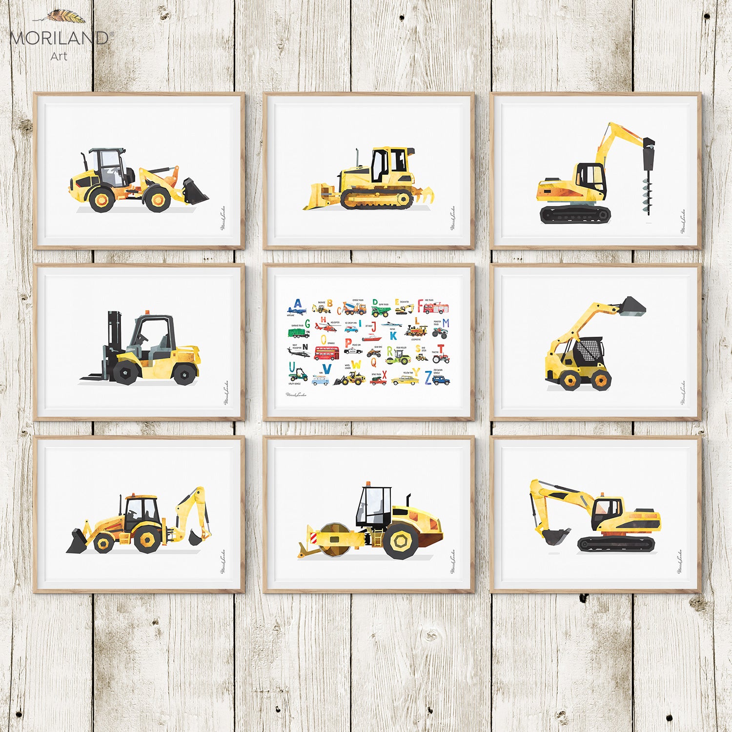 Construction vehicles, digger, and transportation Alphabet watercolor art prints printable for boy room decor by MORILAND