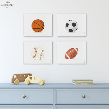 Sports Balls - Canvas Prints - Set of 4 - LAND124, Sports Prints, Soccer Ball, Baseball, Basketball, Football, Watercolor Art, Drawing, Illustration, Sports Decor, Sports Boy Bedroom Print, Educational Wall Art, Kids Poster, Preschool Posters, Classroom Poster | MORILAND Art