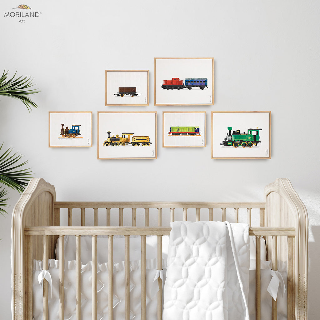 trains locomotives watercolor wall art framed canvas set for kids room decor by MORILAND
