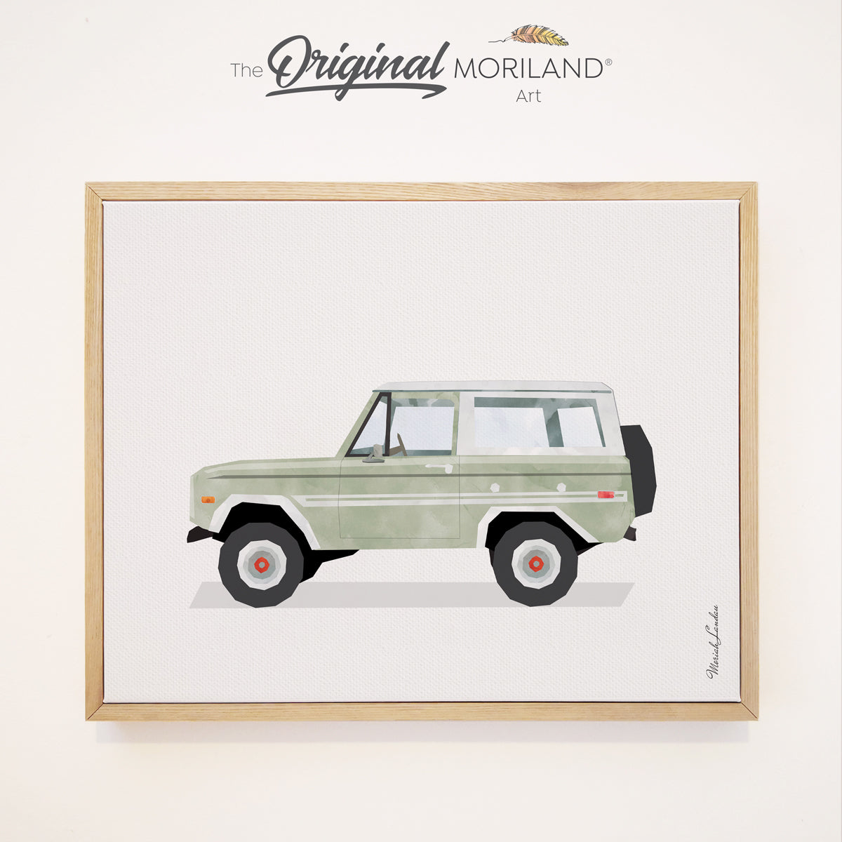 Bronco - Sage Green Vintage SUV - Framed Canvas Print | Truck Print, Classic Car Art, Vintage Surf Printable, Girl Boy Room Wall Decor, Surf Decor, Surfboard, Car Print, Transportation Decor, Vehicle Print, Kids Poster by MORILAND
