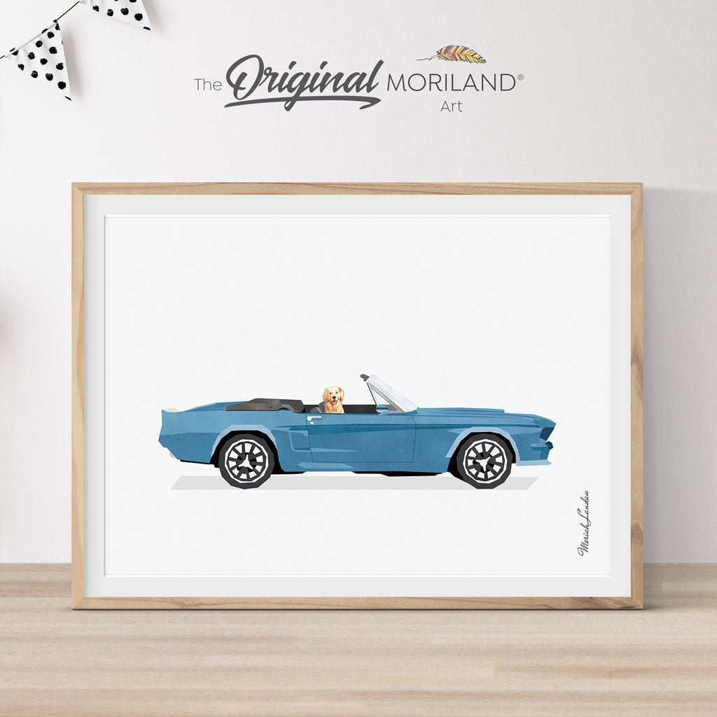 Blue Classic Convertible Ford Mustang Car with Golden Retriever Dog Print - Printable Wall Art, gift for him, affordable gift for fathers day