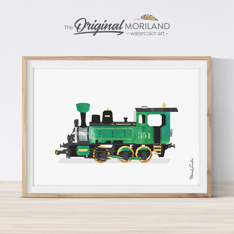 Steam locomotive watercolor wall art print for nursery and boys bedroom decor