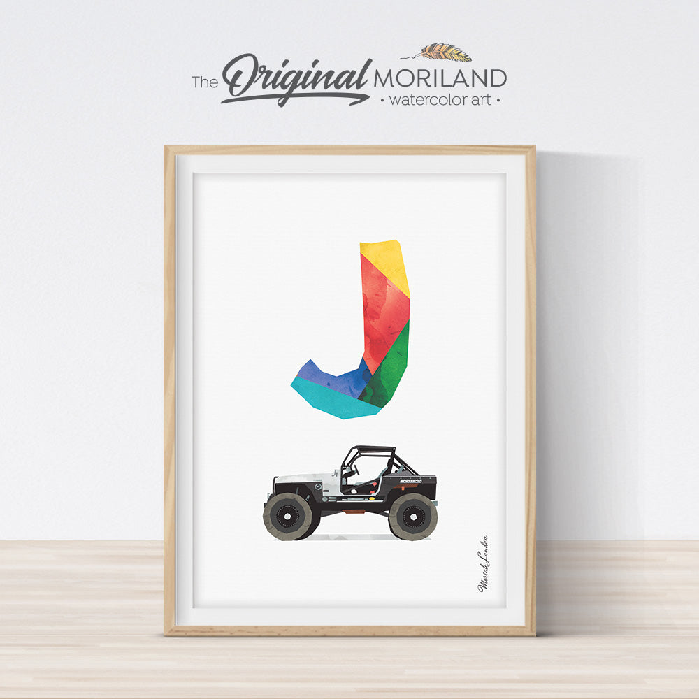 Alphabet Letter J Print Jeep Wall Art for Boy and Girl Bedroom Decor