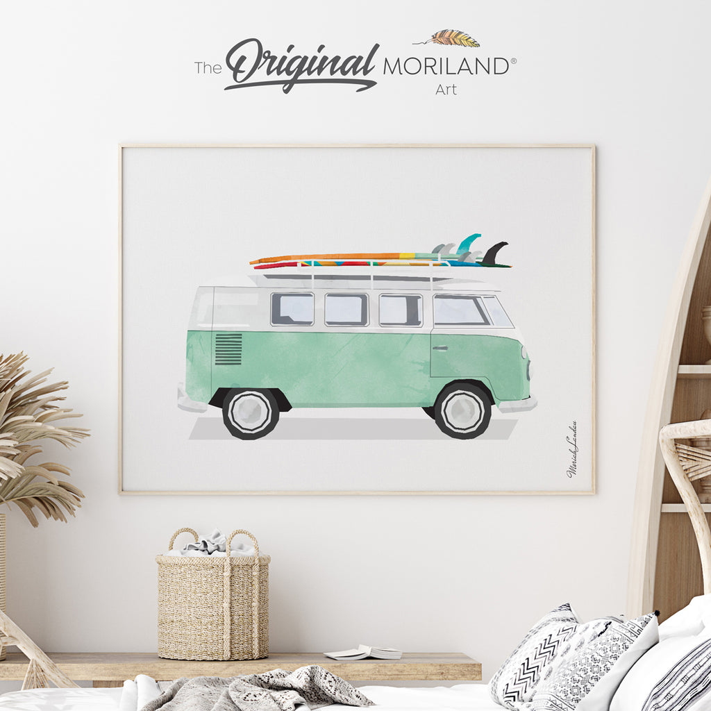Van with surfboard art print for boy and girl bedroom decor by MORILAND