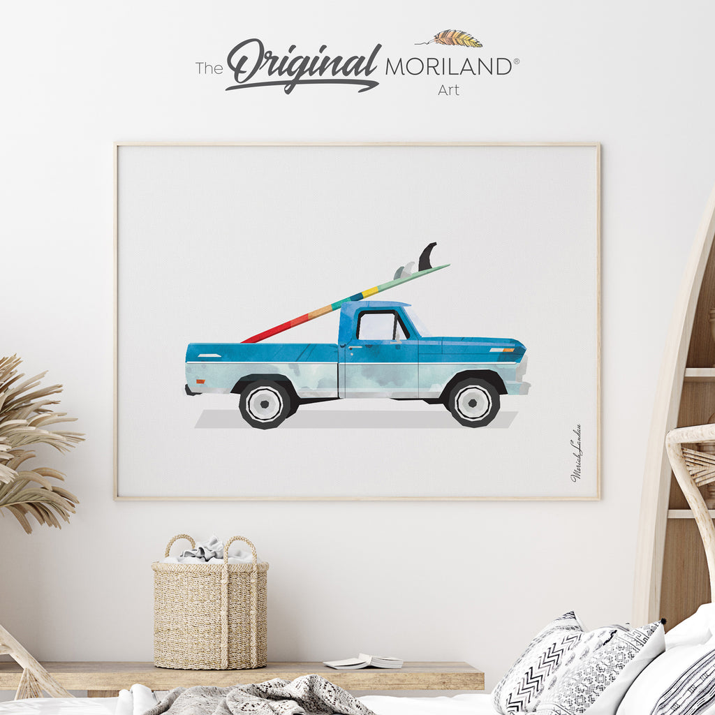Vintage pickup truck with surfboard Fine Art Print for Boy Room Decor