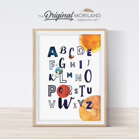 Space ABC Alphabet Wall Art Print for boy and girl room decor, Solar System Art