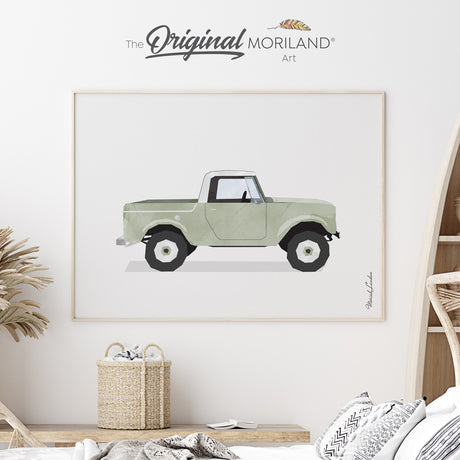 Sage Green Old Timer Pick Truck Fine Art Paper Print for boy bedroom by MORILAND