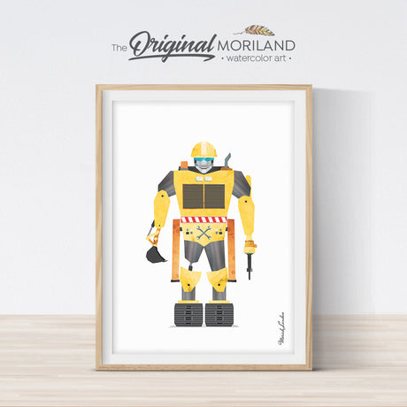 watercolor construction truck robot print for boy room decor