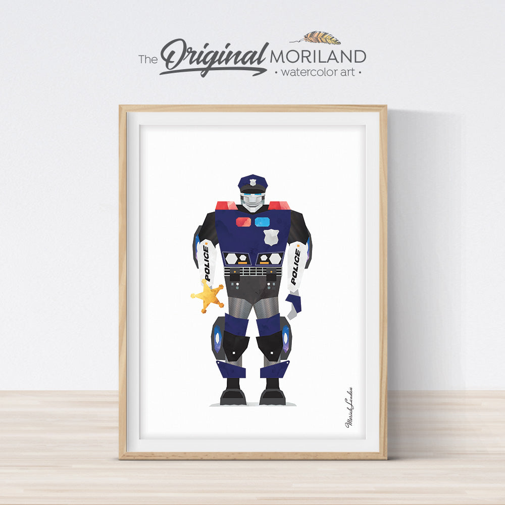 watercolor police robot print for boy room decor