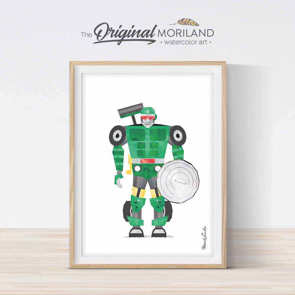 watercolor garbage truck robot print for boy room decor
