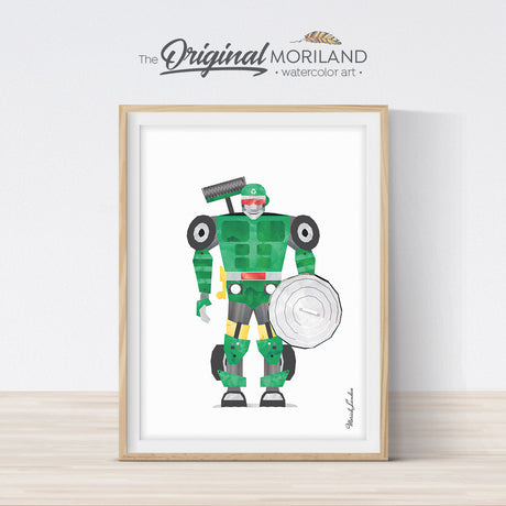 watercolor garbage truck robot print for boy room decor
