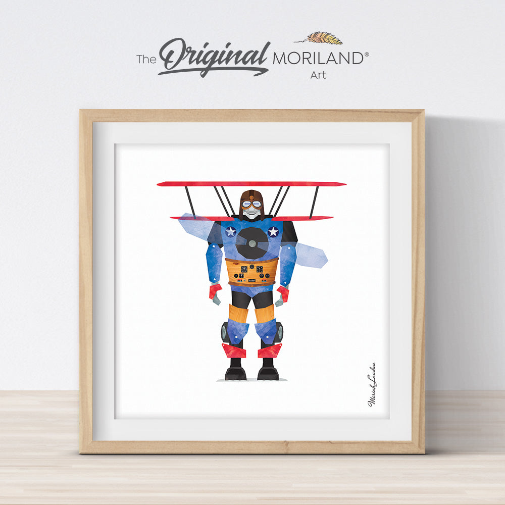 Blake the Vintage Biplane Robot Print - Printable Art