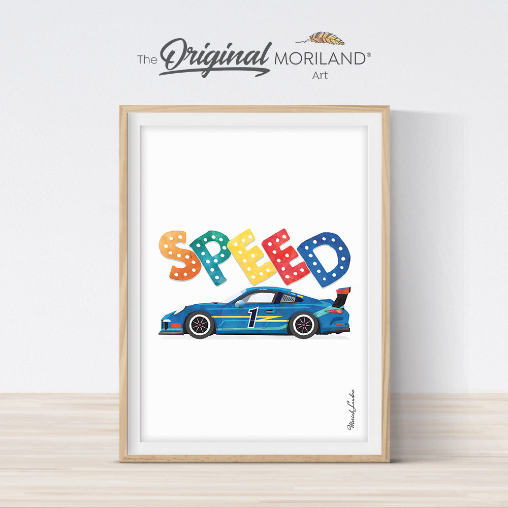 Speed Quote art print with race car for boy bedroom decor, printable, by MORILAND