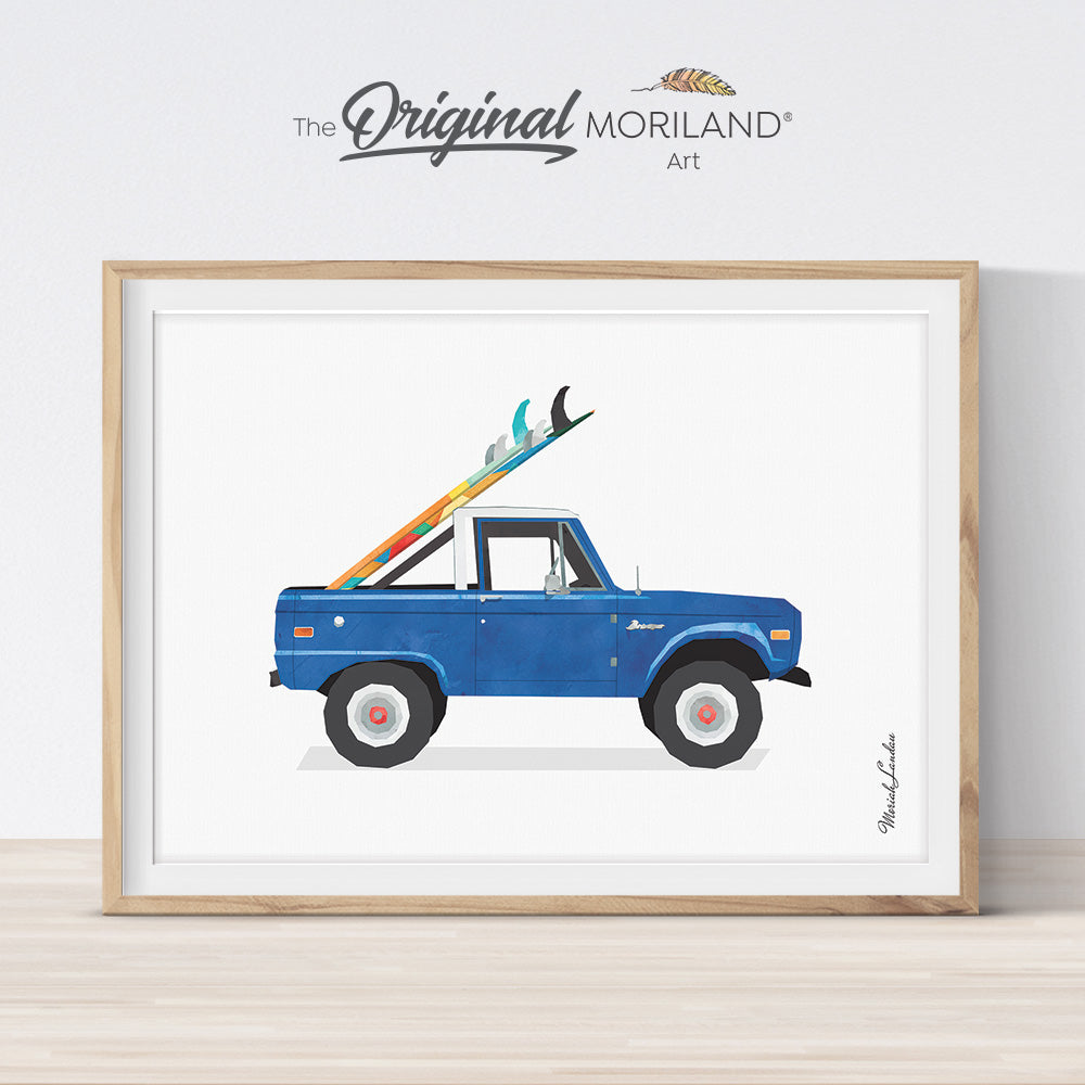 watercolor vintage truck with surfboard printable wall art print for kids bedroom