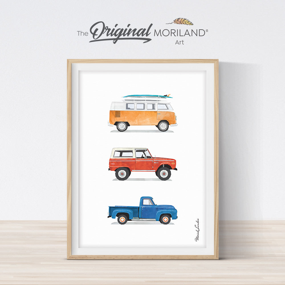 vintage classic cars watercolor wall art print for kids room decor by MORILAND