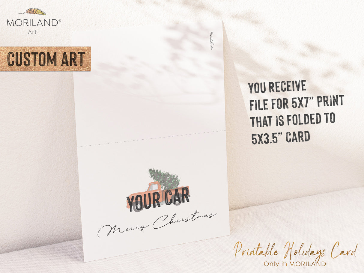 Custom Printable Merry Christmas Card of YOUR car with Christmas Tree