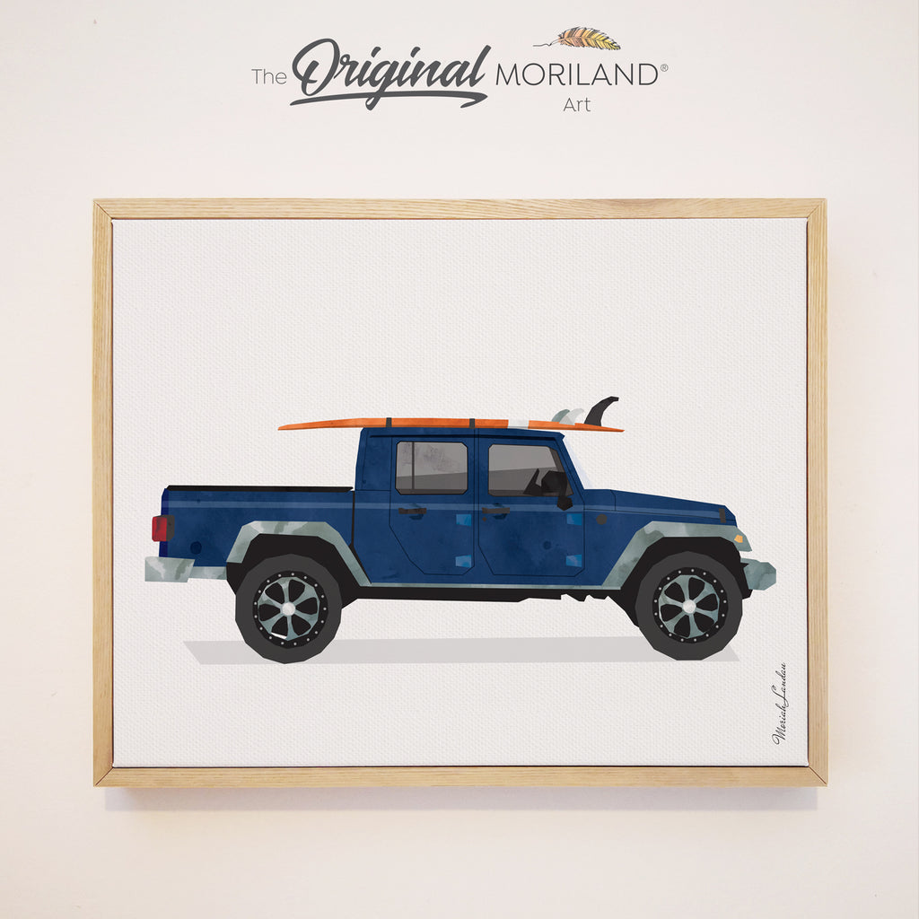 Navy Blue Classic SUV Truck with Surfboard - Framed Canvas Print | Truck Print, Classic Car Art, Vintage Surf Printable, Girl Boy Room Wall Decor, Surf Decor, Surfboard, Car Print, Transportation Decor, Vehicle Print, Kids Poster by MORILAND