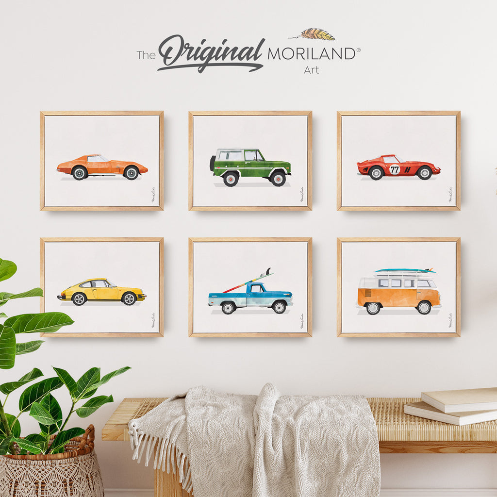 Classic Car Canvas Prints  - Bronco, Porsche 911, Van, Ferrari, Chevy, Ford Pickup, Framed et of 6 - by MORILAND