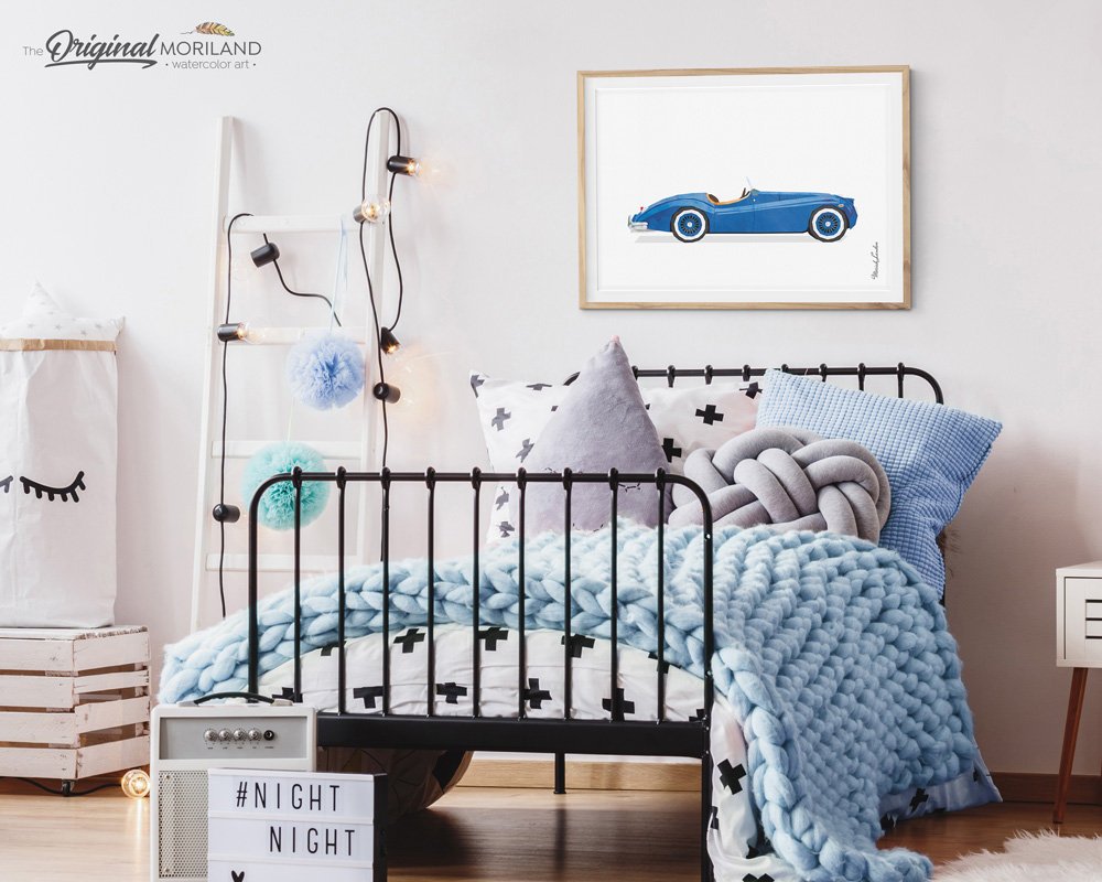 Classic Convertible Car Wall Art print for boy room decor, watercolor illustration