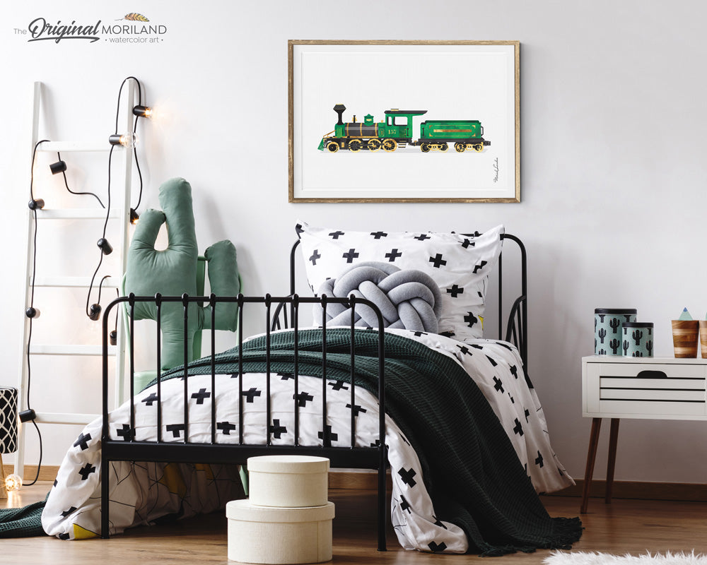 Steam locomotive train watercolor wall art print for nursery and boys bedroom decor