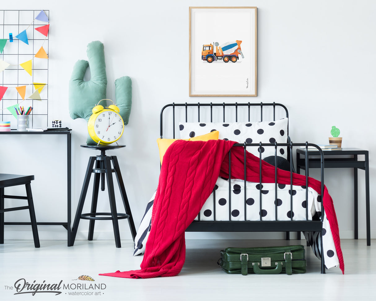 watercolor Cement Mixer Truck Vertical Print, Printable Art for boy room and nursery decor