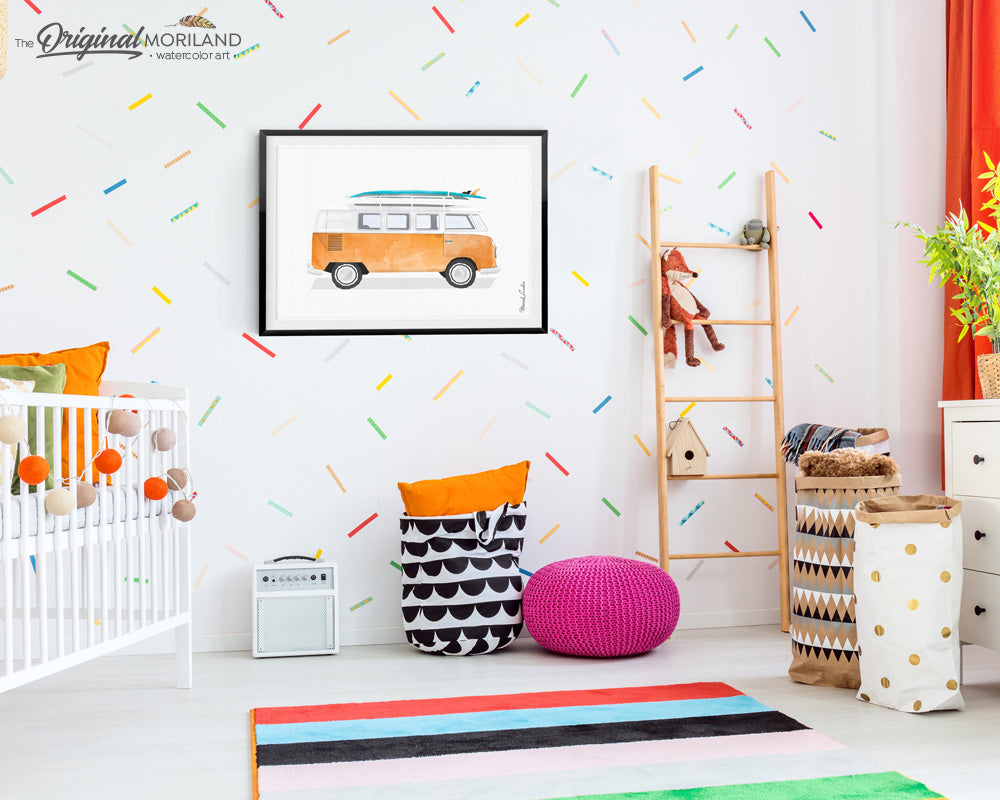 Orange Van Print with surfboard - Printable Art for kids room and nursery decor