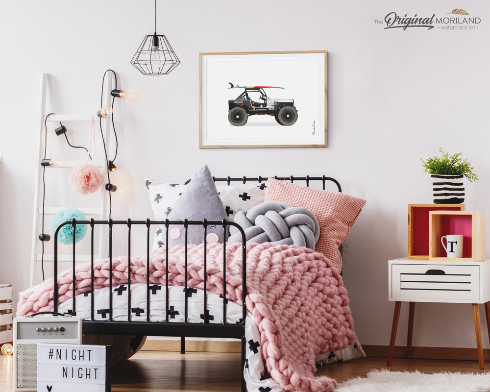 Surf art with jeep for kids room decor