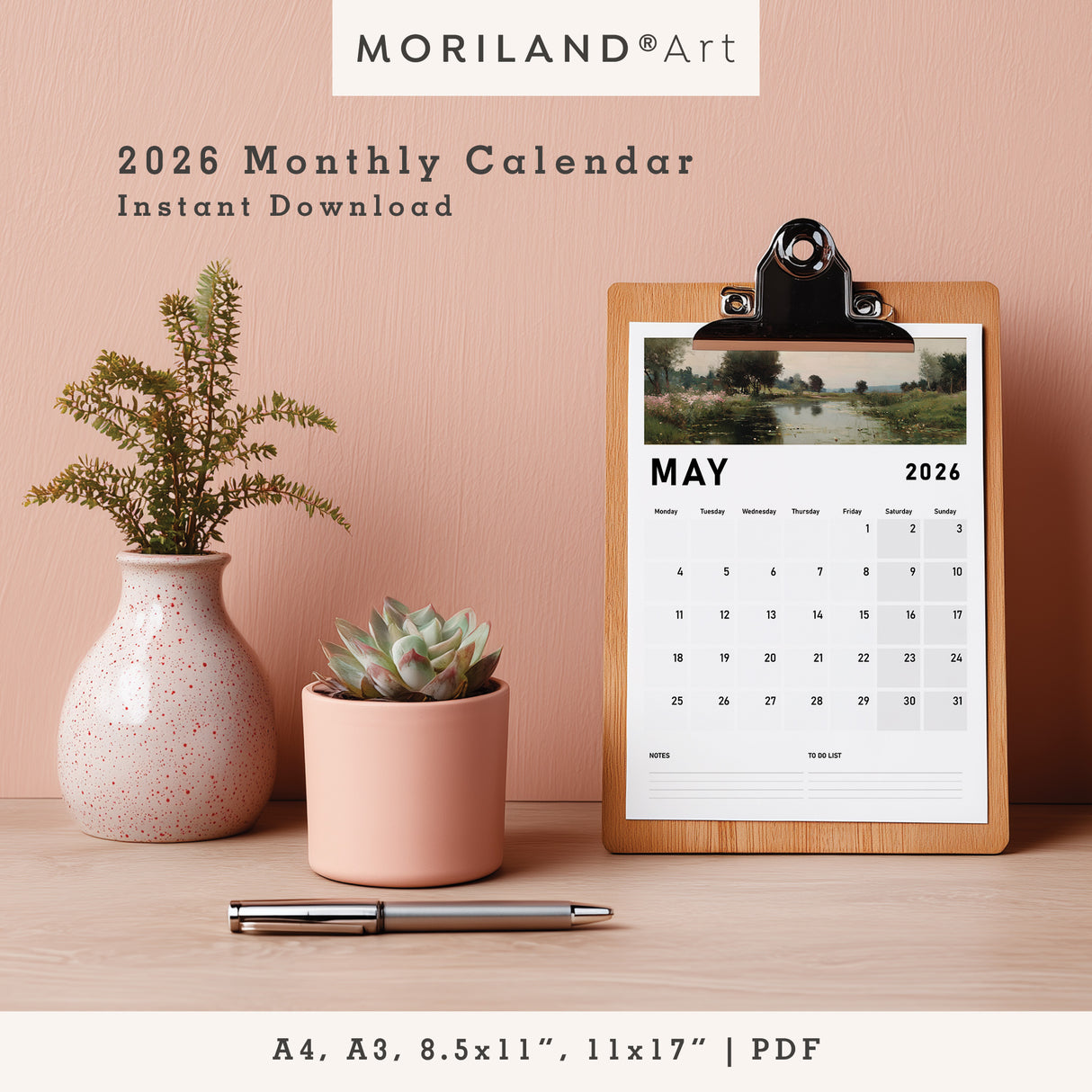 2026 monthly calendar printable with vintage landscape oil painting artwork -PDF digital download