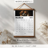 2026 printable monthly calendar with vintage oil painting of hugging dogs, digital download PDF