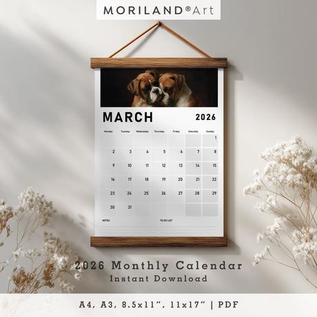 2026 printable monthly calendar with vintage oil painting of hugging dogs, digital download PDF