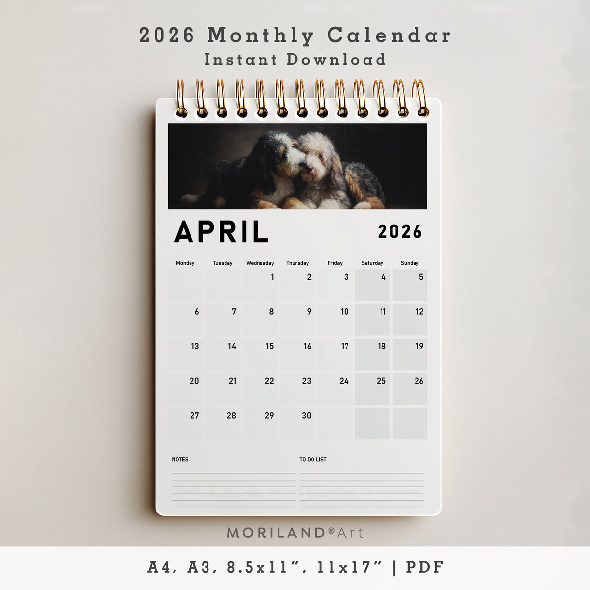 2026 Monthly Calendar | Dogs Oil Painting Style - PDF (Digital Download)