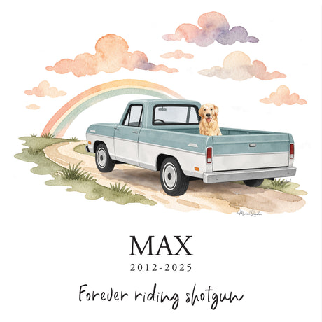 Personalized Dog Memorial Print – Your Dog in a Vintage Truck