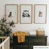 Printable set of 3 art prints featuring a Labrador, Golden Retriever, and Rottweiler with golf themes – perfect for dog and golf lovers, nurseries, dorms, and gift giving.