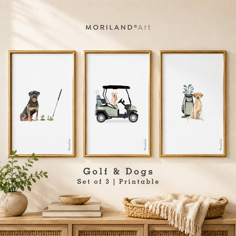 Set of 3 golf and dog printable wall art featuring a Rottweiler, Golden Retriever, golf cart, golf bag and clubs in neutral green decor.