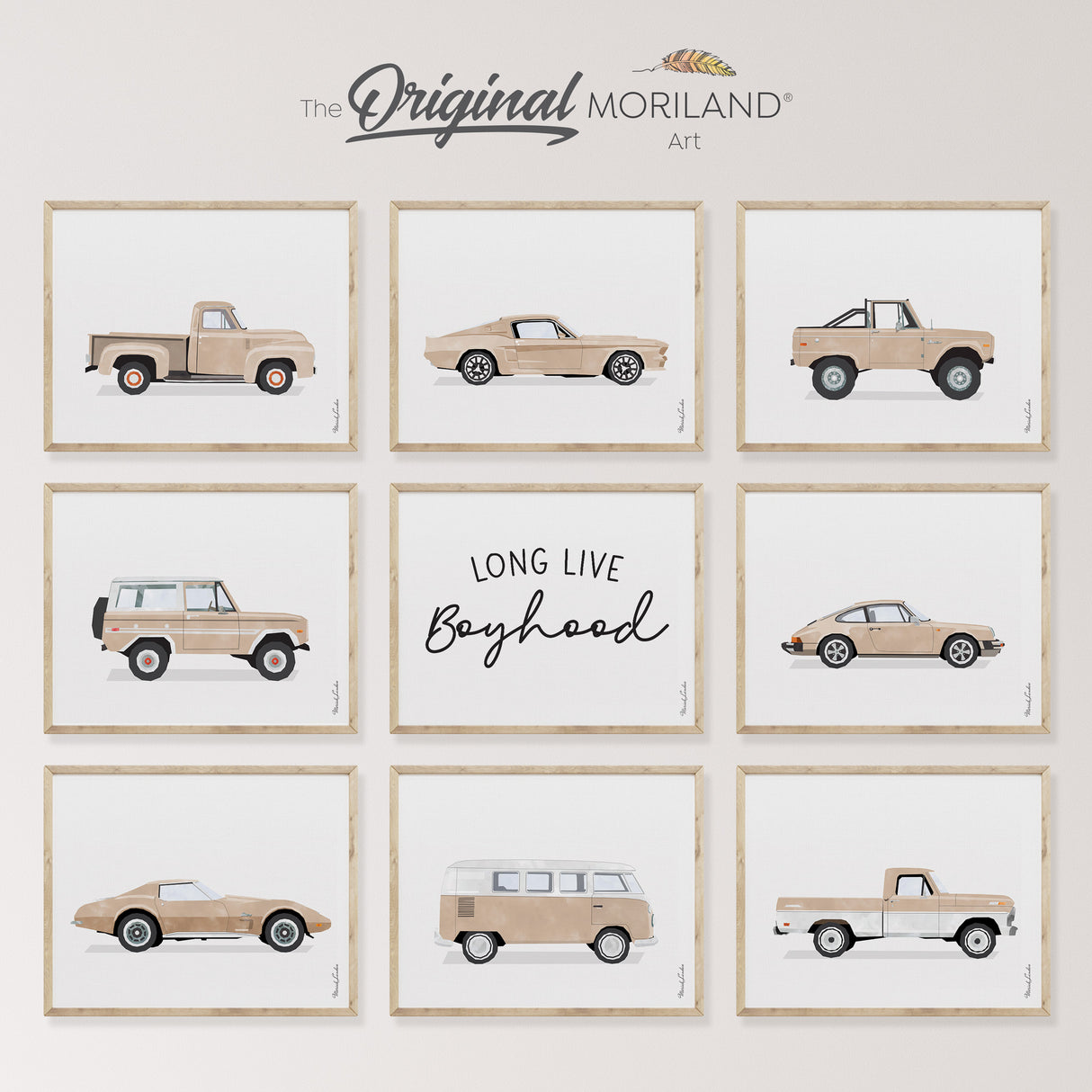 Beige Classic Cars & Long Live Boyhood - Printable Set of 9, Boy Nursery Décor, Baby Boy Gift