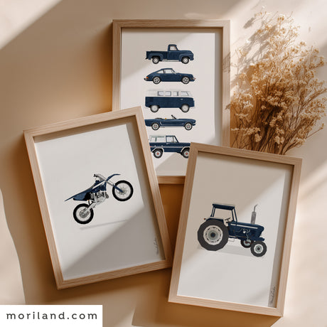 Close-up of navy blue vintage tractor printable art for kids' room
