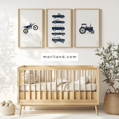 Set of 3 navy blue printable wall art featuring a vintage car, classic tractor, and dirt bike for a boy's nursery.