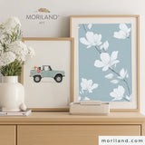 Vintage blue truck with golden retriever holding American flag – printable nursery wall art