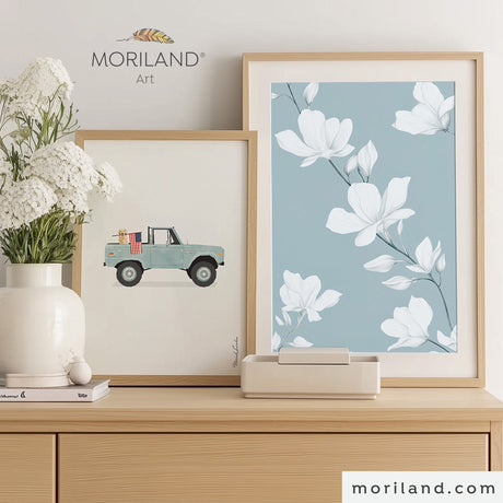 Vintage blue truck with golden retriever holding American flag – printable nursery wall art