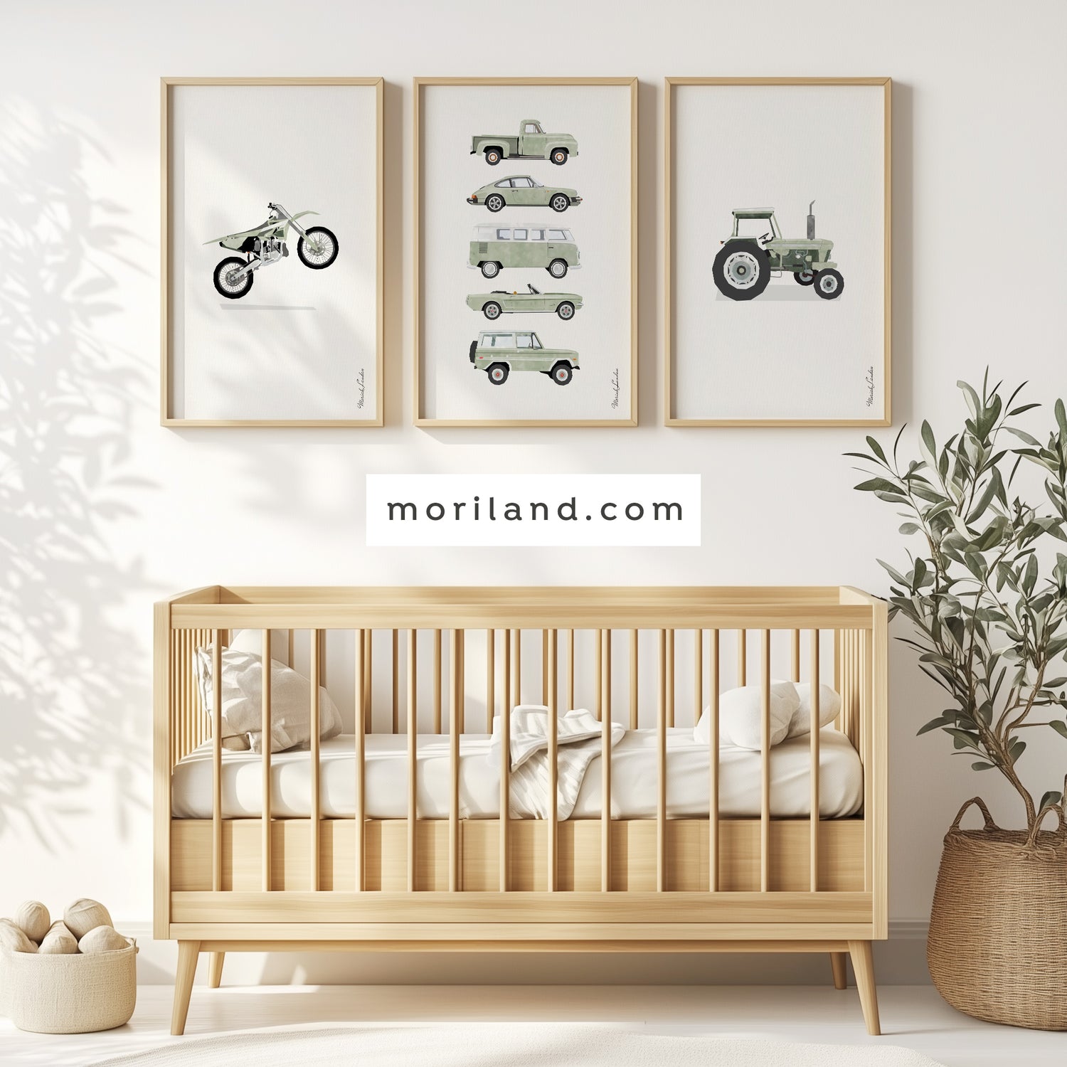 Set of 3 sage green vehicle printable wall art – classic car, vintage tractor, and dirt bike – digital download for boy nursery