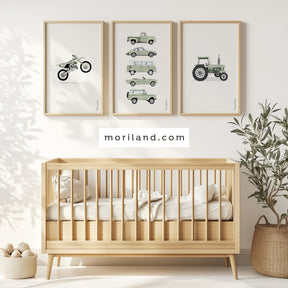 Set of 3 sage green vehicle printable wall art – classic car, vintage tractor, and dirt bike – digital download for boy nursery